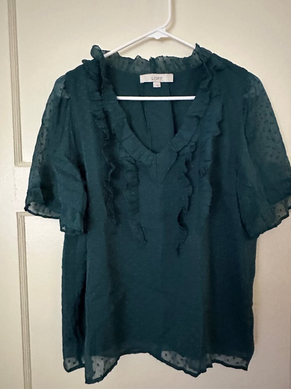 LOFT Teal Short-Sleeve Blouse with Ruffles Large (L)